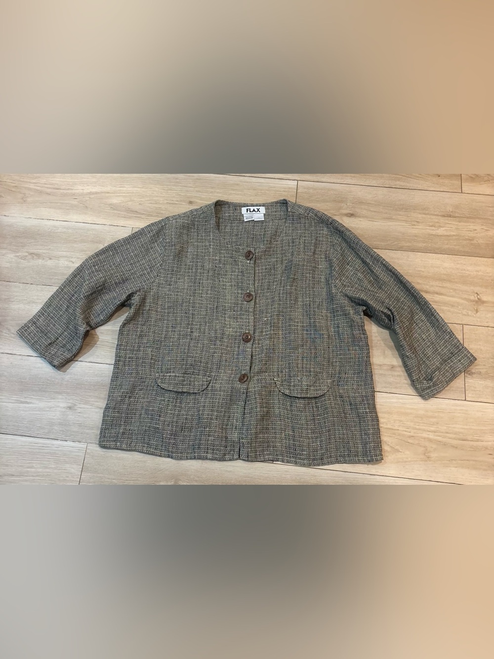 Flax Women Brown Front Pocket Long Sleeves Round Neck Blouse Top lagenlook